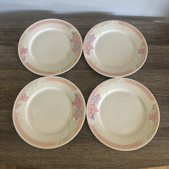 Vintage Fine Porcelain China Set Of 4 White Pink Band With Flowers Plates 7.5” - Picture 4 of 6